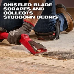 Person using the AIR-TIP Debris Scraper with a chiseled blade to scrape and collect stubborn debris from a wooden floor.