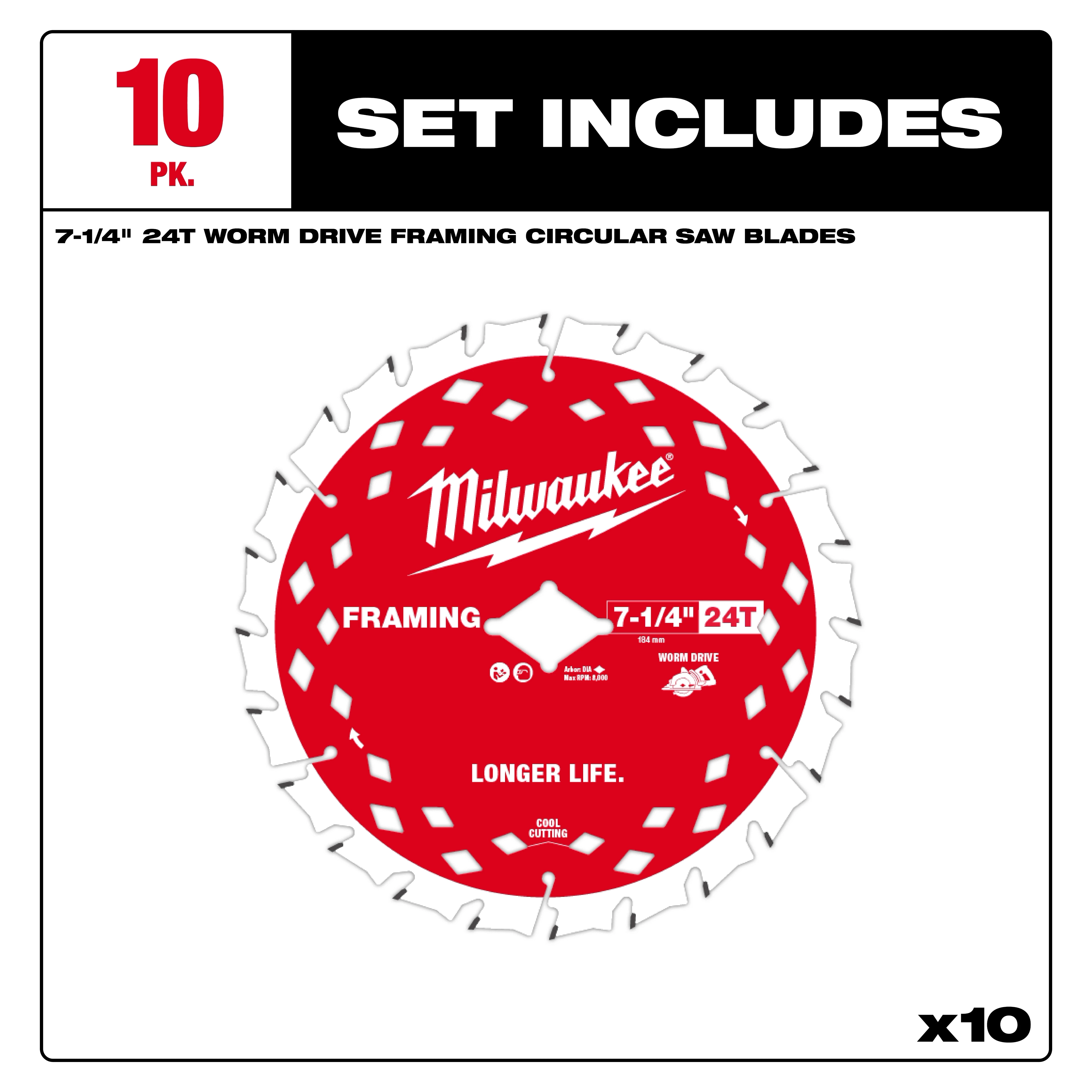 10 pack of 7-1/4" 24T Framing Circular Saw Blades, featuring red blades with white text, designed for longer life and cool cutting.