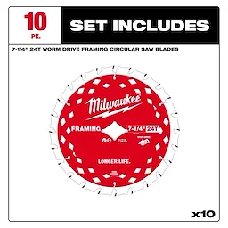 10 pack of 7-1/4" 24T Framing Circular Saw Blades, featuring red blades with white text, designed for longer life and cool cutting.