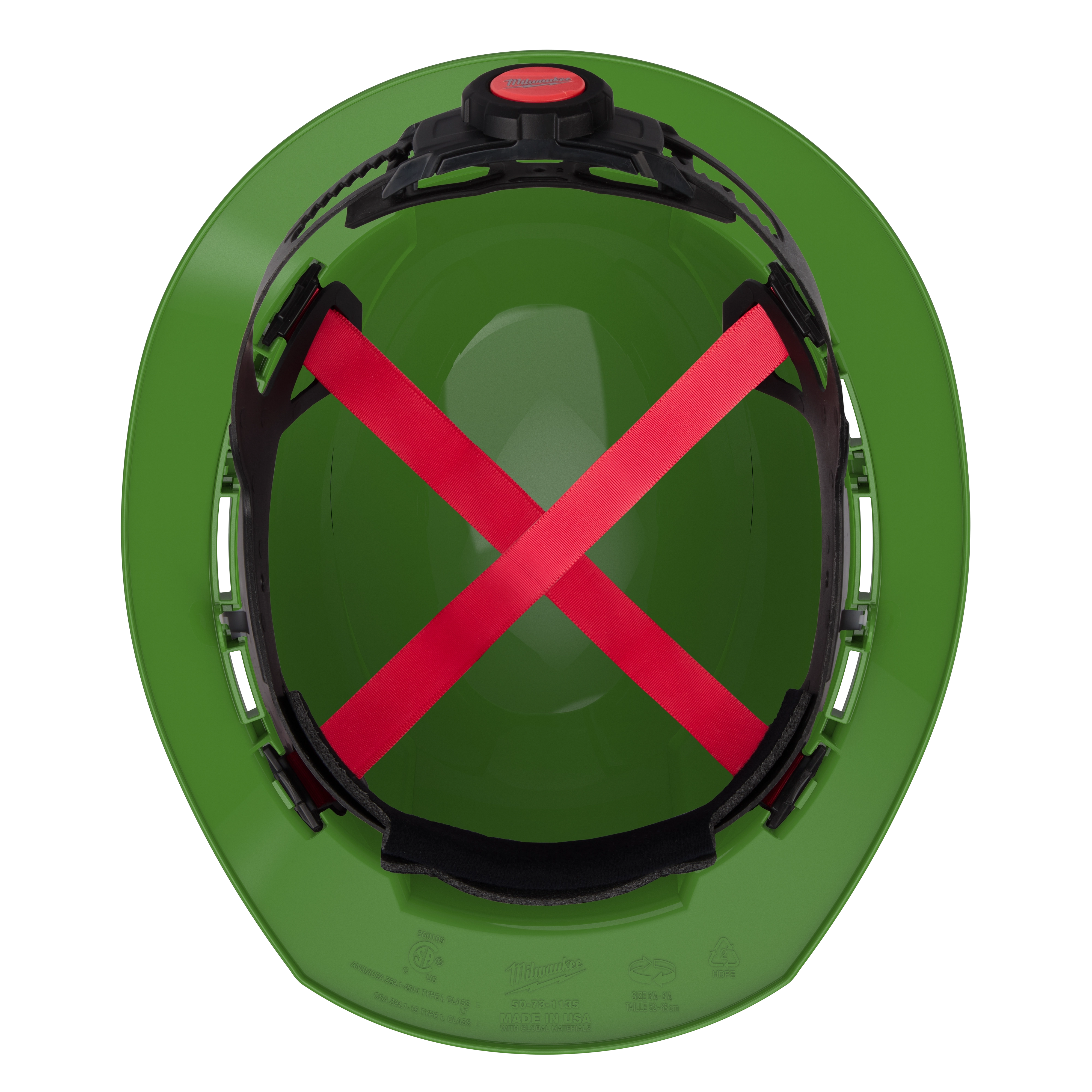 The BOLT Green Full Brim Hard Hat with 4-Point Ratcheting Suspension (USA) - Type 1, Class E is shown from the top. It features a green exterior, red internal suspension straps, and black ratcheting adjustment knobs.