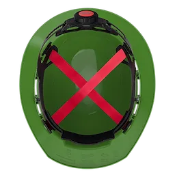 The BOLT Green Full Brim Hard Hat with 4-Point Ratcheting Suspension (USA) - Type 1, Class E is shown from the top. It features a green exterior, red internal suspension straps, and black ratcheting adjustment knobs.