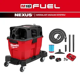 The image features Milwaukee's M18 FUEL™ NEXUS™ 9 Gallon Dual-Battery Wet/Dry Vacuum in red and black. Accessories include a hose, various nozzles, filter, two batteries, and a charger. The vacuum is designed for modular use with a durable build and wheeled base for easy maneuverability.
