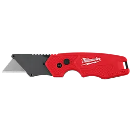 FASTBACK Compact Folding Utility Knife with a red textured handle and extended metal blade on a plain background.