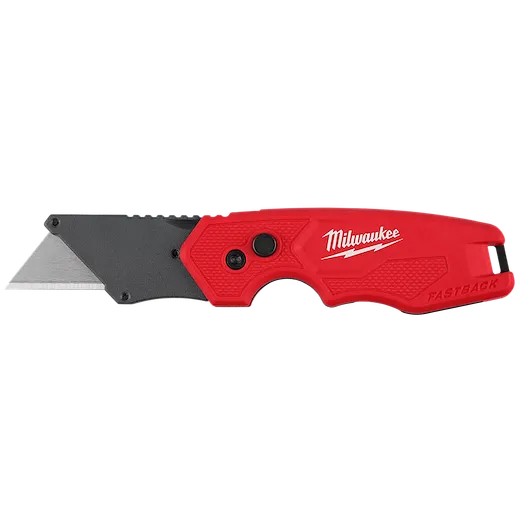 FASTBACK Compact Folding Utility Knife with a red textured handle and extended metal blade on a plain background.