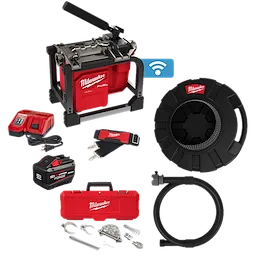 The image shows the M18 FUEL™ Sectional Machine 7/8” Kit, including the main sectional machine unit, a charger, battery pack, additional cable reels, cable accessories, a carrying case, and various attachments. The equipment is branded with the Milwaukee logo.