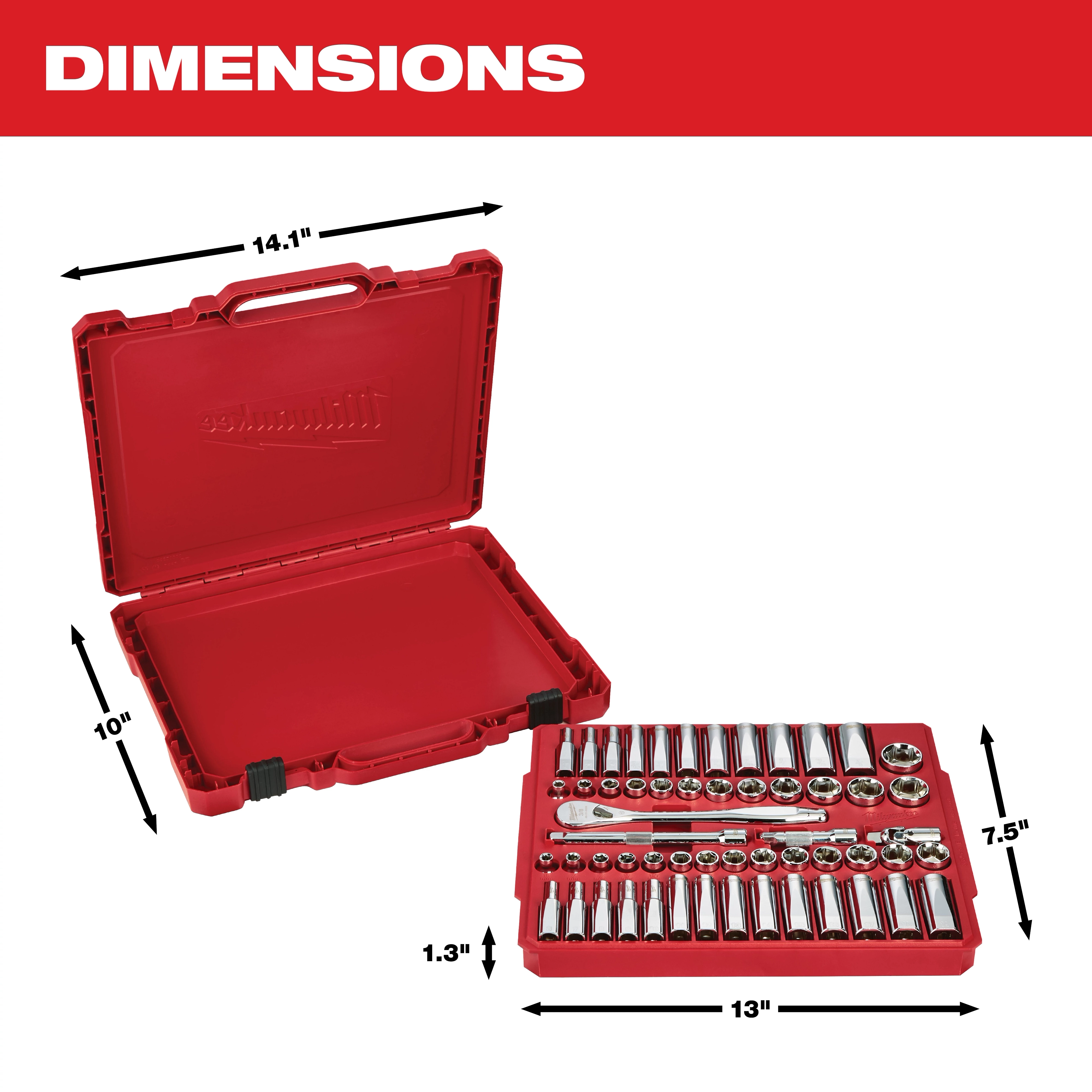A red Milwaukee tool case is shown open with sockets and a ratchet inside. Dimensions indicated are 14.1 inches long, 10 inches wide, and 2 inches deep for the case; the tray is 13 inches long, 7.5 inches wide, and 1.3 inches deep.