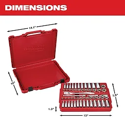 A red Milwaukee tool case is shown open with sockets and a ratchet inside. Dimensions indicated are 14.1 inches long, 10 inches wide, and 2 inches deep for the case; the tray is 13 inches long, 7.5 inches wide, and 1.3 inches deep.