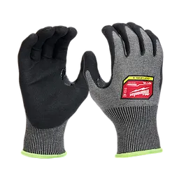 Cut Level 9 High-Dexterity Nitrile Dipped Gloves in XL size, featuring a black nitrile coating and grey fabric with green cuffs.