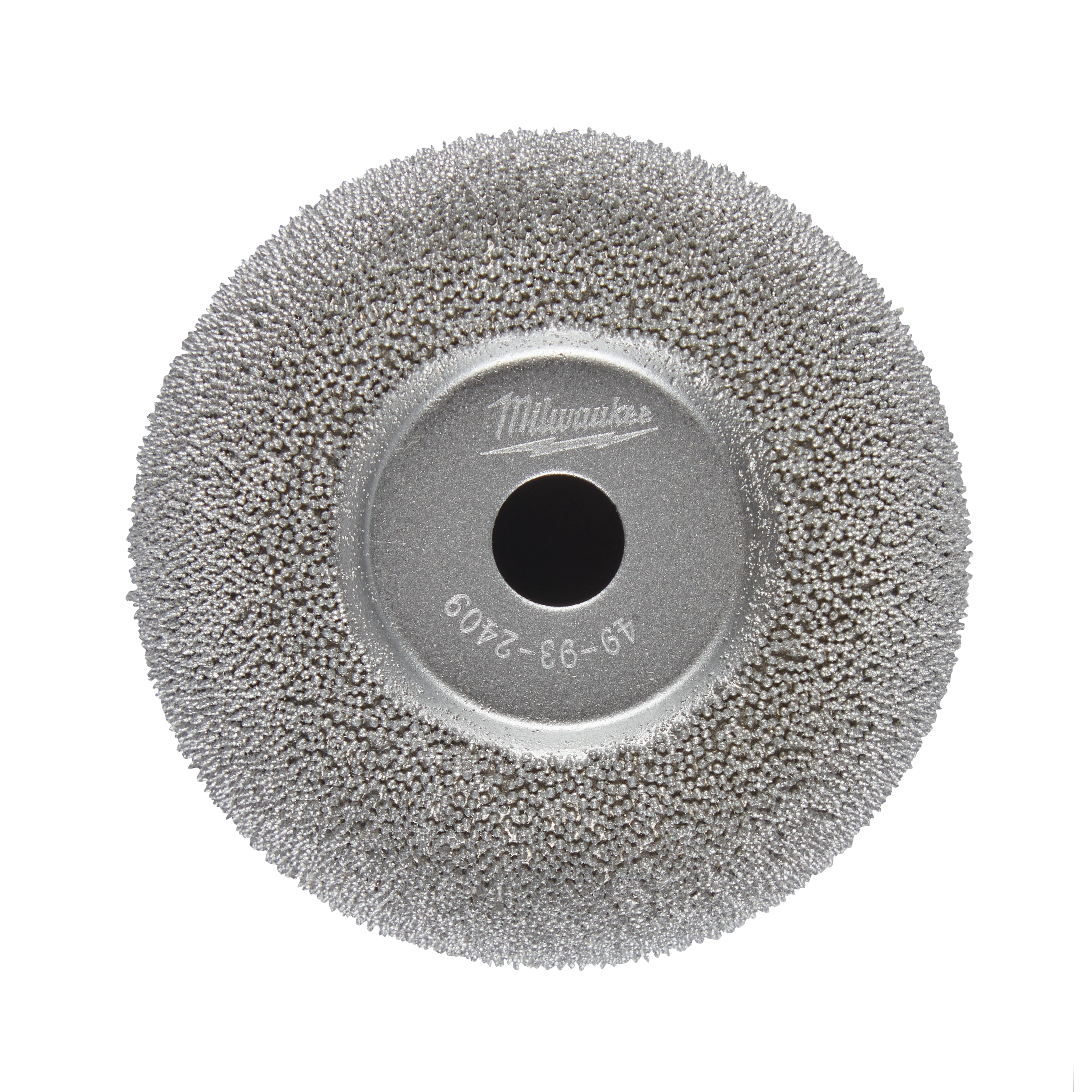 The 2-1/2" Flared Contour Buffing Wheel has a dense arrangement of bristles with a central hole for mounting on power tools. It features the "Milwaukee" brand name and model number 49-93-2409. The buffing surface is designed for precision polishing and contour work.