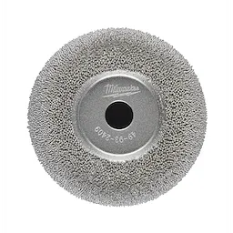 The 2-1/2" Flared Contour Buffing Wheel has a dense arrangement of bristles with a central hole for mounting on power tools. It features the "Milwaukee" brand name and model number 49-93-2409. The buffing surface is designed for precision polishing and contour work.