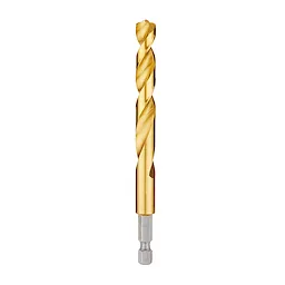 Red Helix Titanium Impact Drill Bit with a golden, twisted design and a silver hexagonal base, designed for enhanced durability and cutting efficiency.