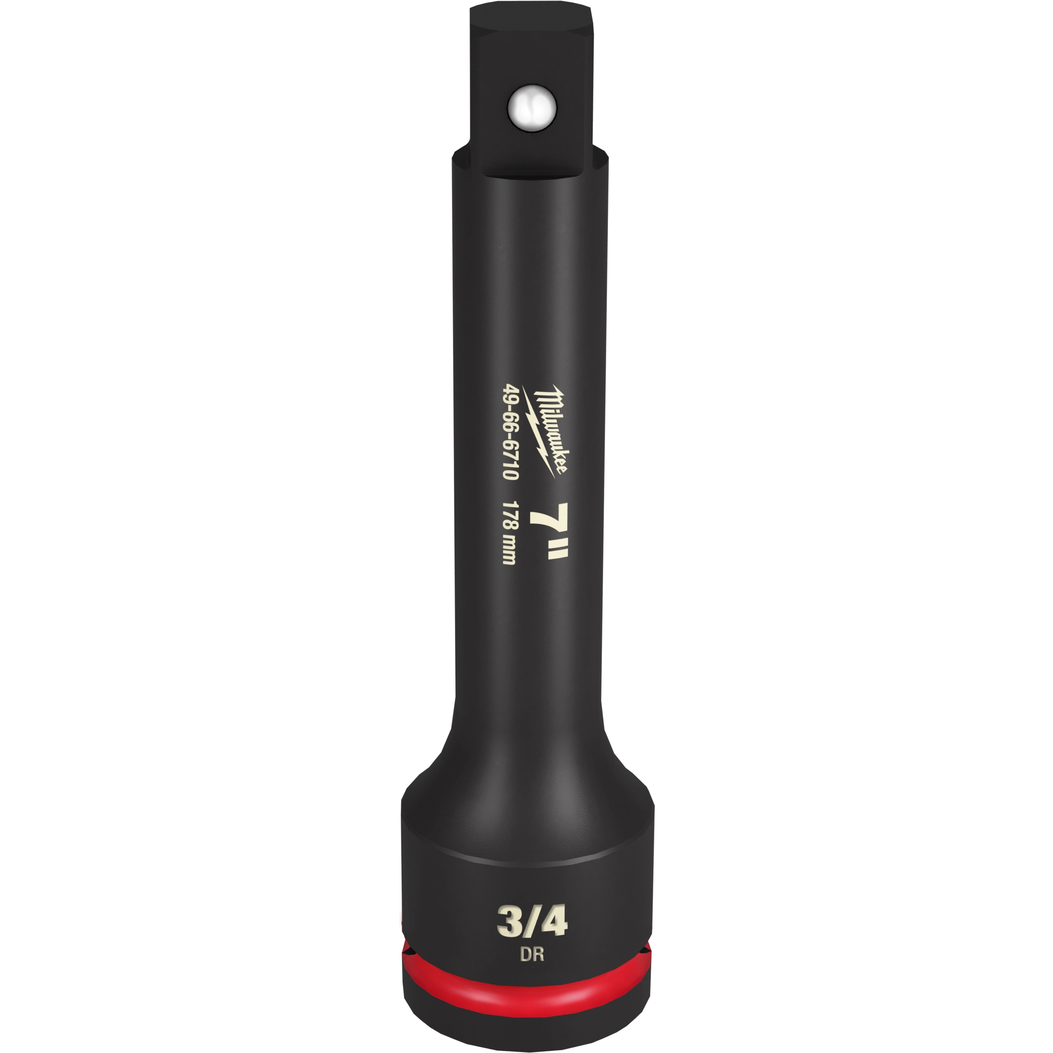 The 3/4 DR 7" IMPACT EXTENSION is a black metal tool with a square drive end, used to extend the reach of an impact wrench. It features white text indicating the size and brand, with a red ring at the base.