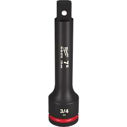 The 3/4 DR 7" IMPACT EXTENSION is a black metal tool with a square drive end, used to extend the reach of an impact wrench. It features white text indicating the size and brand, with a red ring at the base.