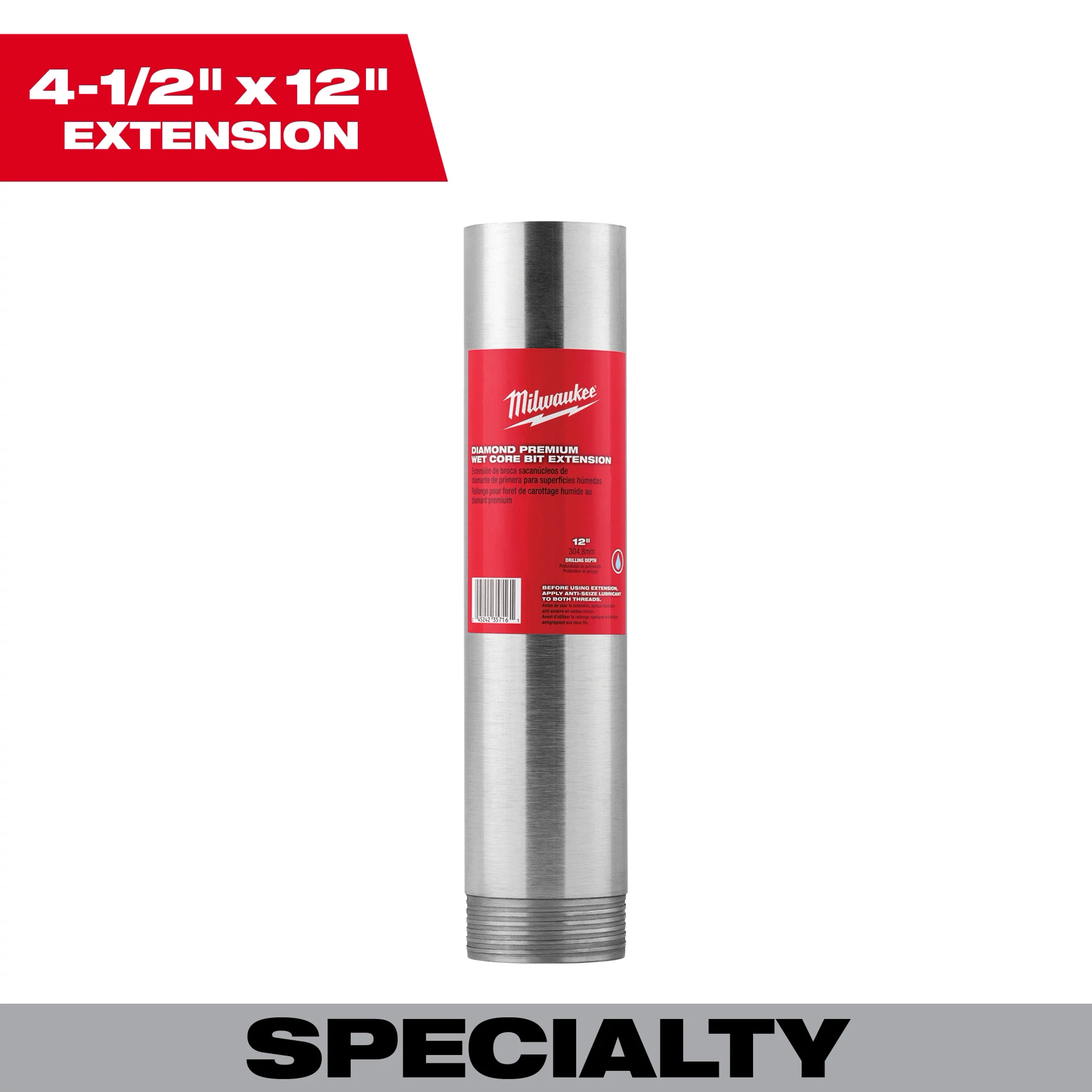 4-1/2" x 12" Diamond Premium Wet Core Bit Extension. Cylindrical, silver metal with red label on upper part, threaded ends.