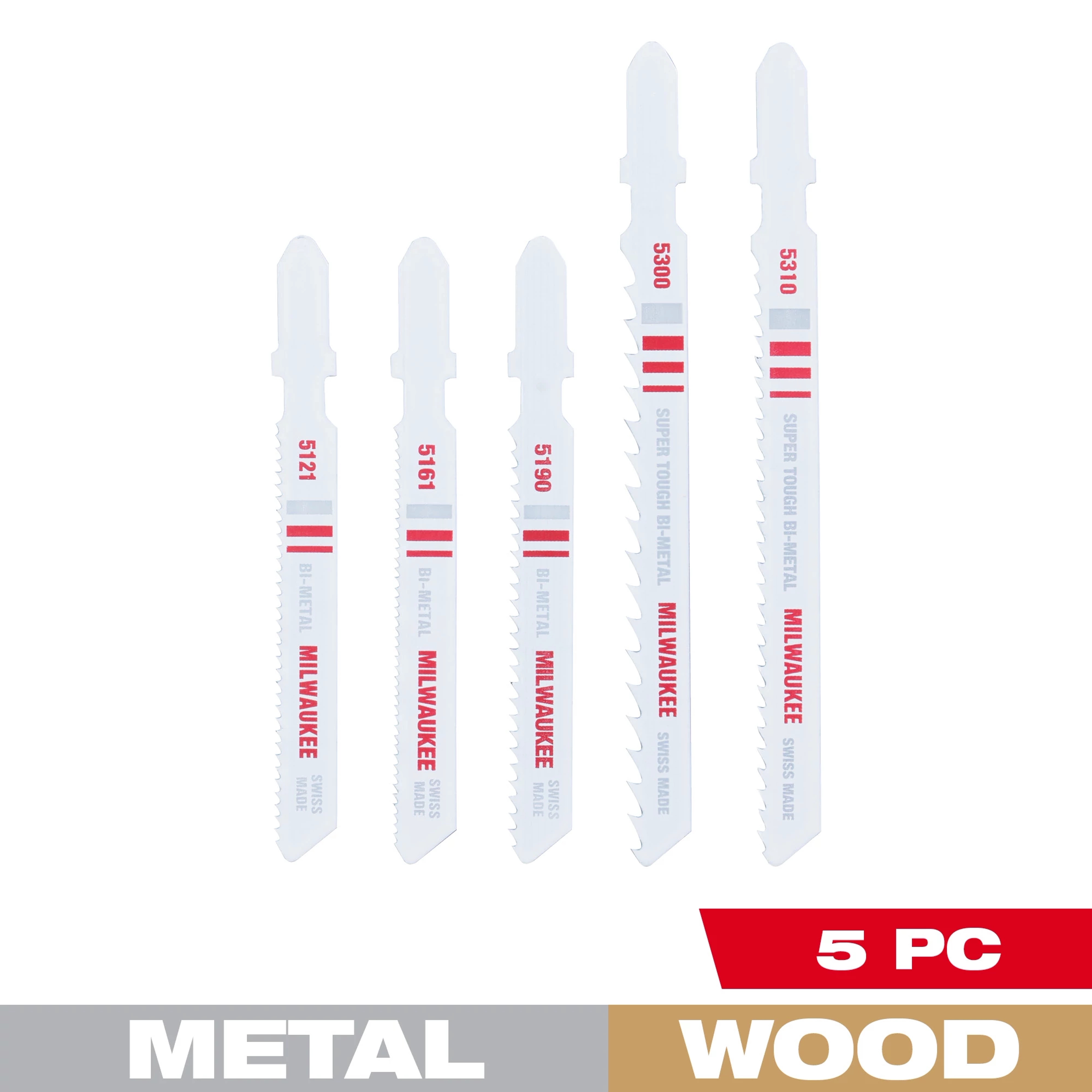 The 5Pc T-Shank Bi-Metal Jig Saw Blade Set includes five blades designed for cutting both metal and wood.