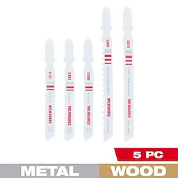 The 5Pc T-Shank Bi-Metal Jig Saw Blade Set includes five blades designed for cutting both metal and wood.