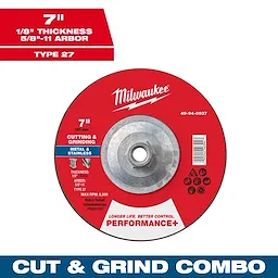 7" x 1/8" x 5/8"-11 Performance+ Dual Metal Cut & Grind Wheel, Type 27. Red disk with central hole for mounting.