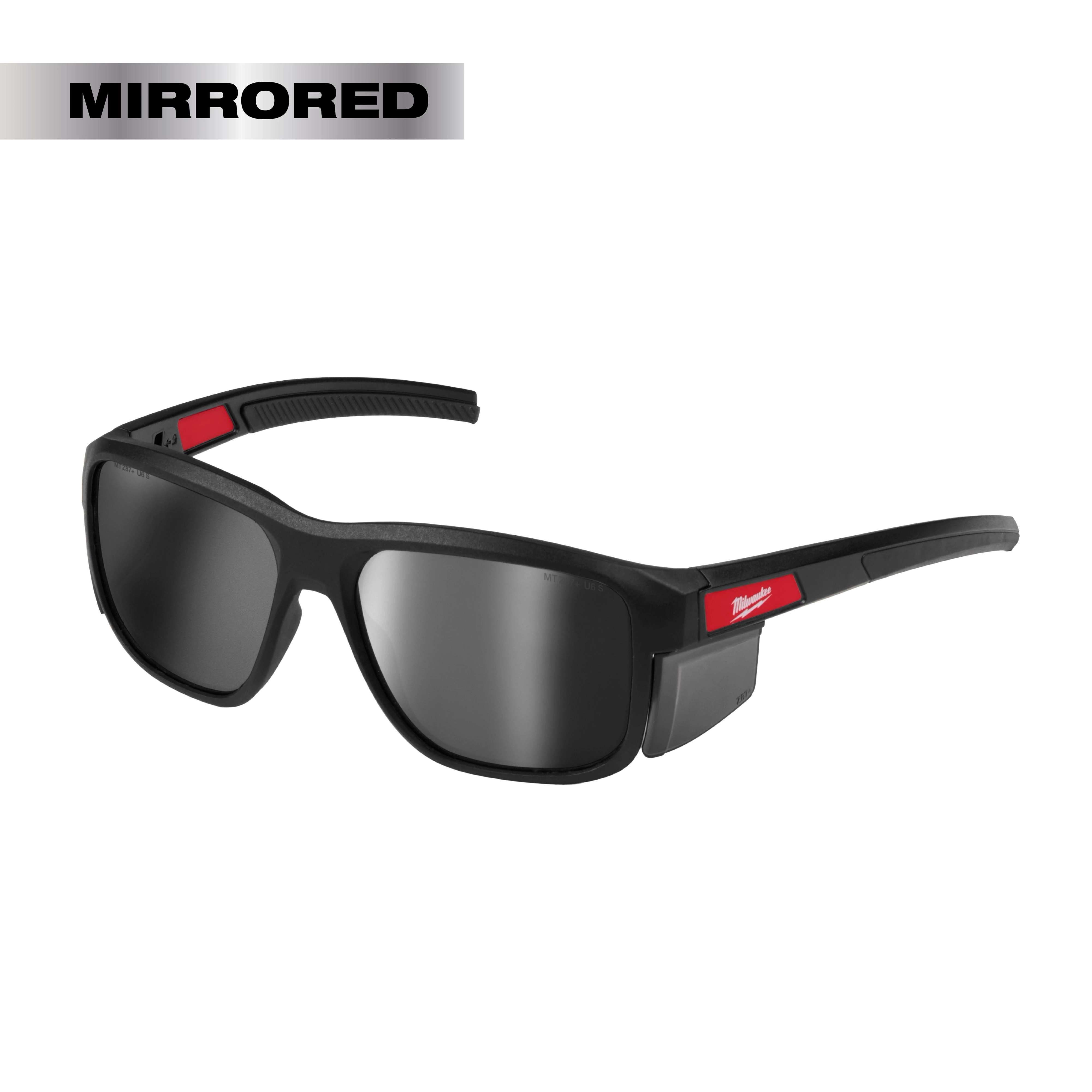 Full Frame Safety Glasses with Removable Side Shields featuring silver mirrored anti-scratch lenses and black frames with red accents.