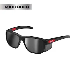Full Frame Safety Glasses with Removable Side Shields featuring silver mirrored anti-scratch lenses and black frames with red accents.