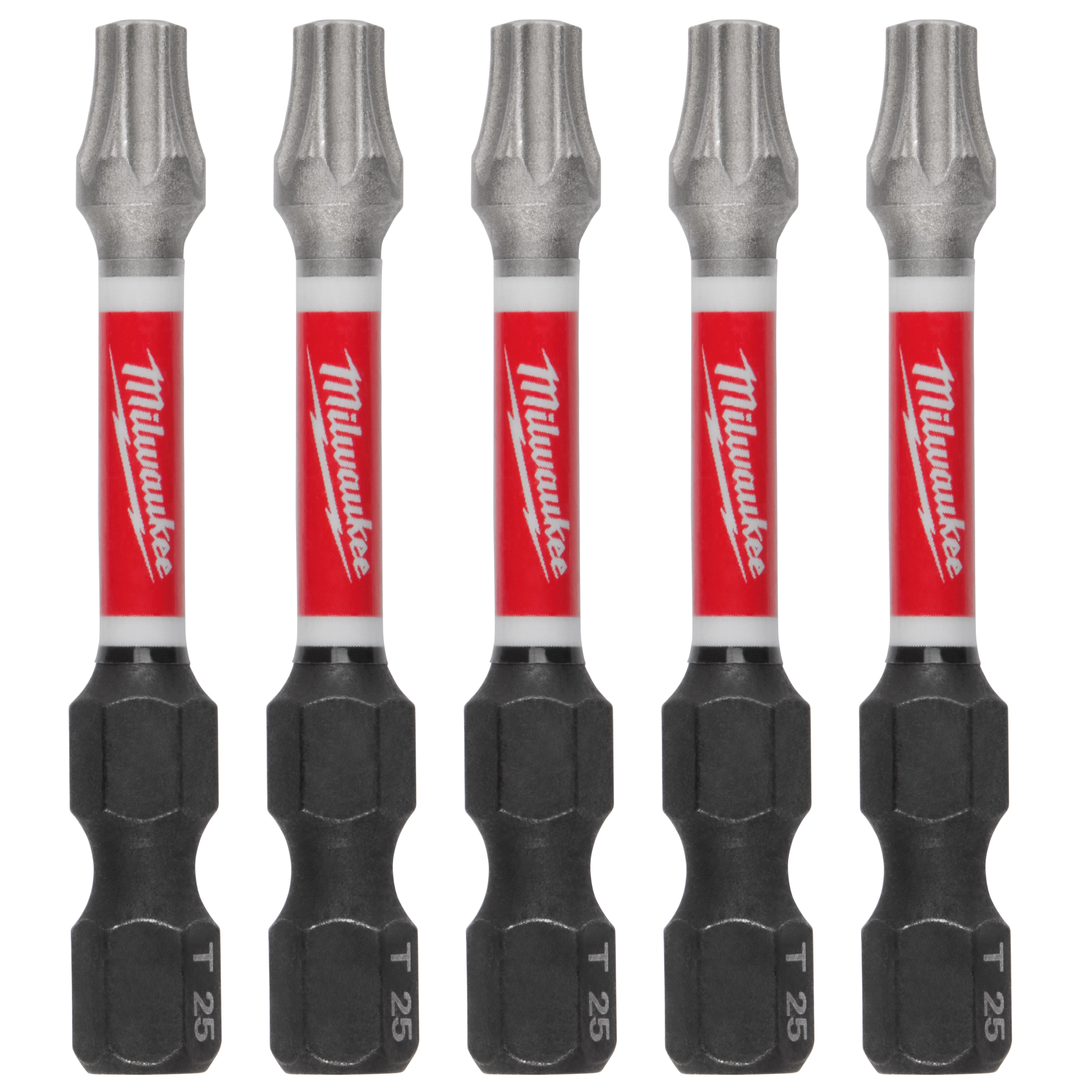 Five SHOCKWAVE™ 2" Impact Duty TORX® T25 Power Bits are arranged in a row. The bits are black and silver with red "Milwaukee" branding in the center. This image shows a 5-pack of T25 power bits designed for heavy-duty impact use.