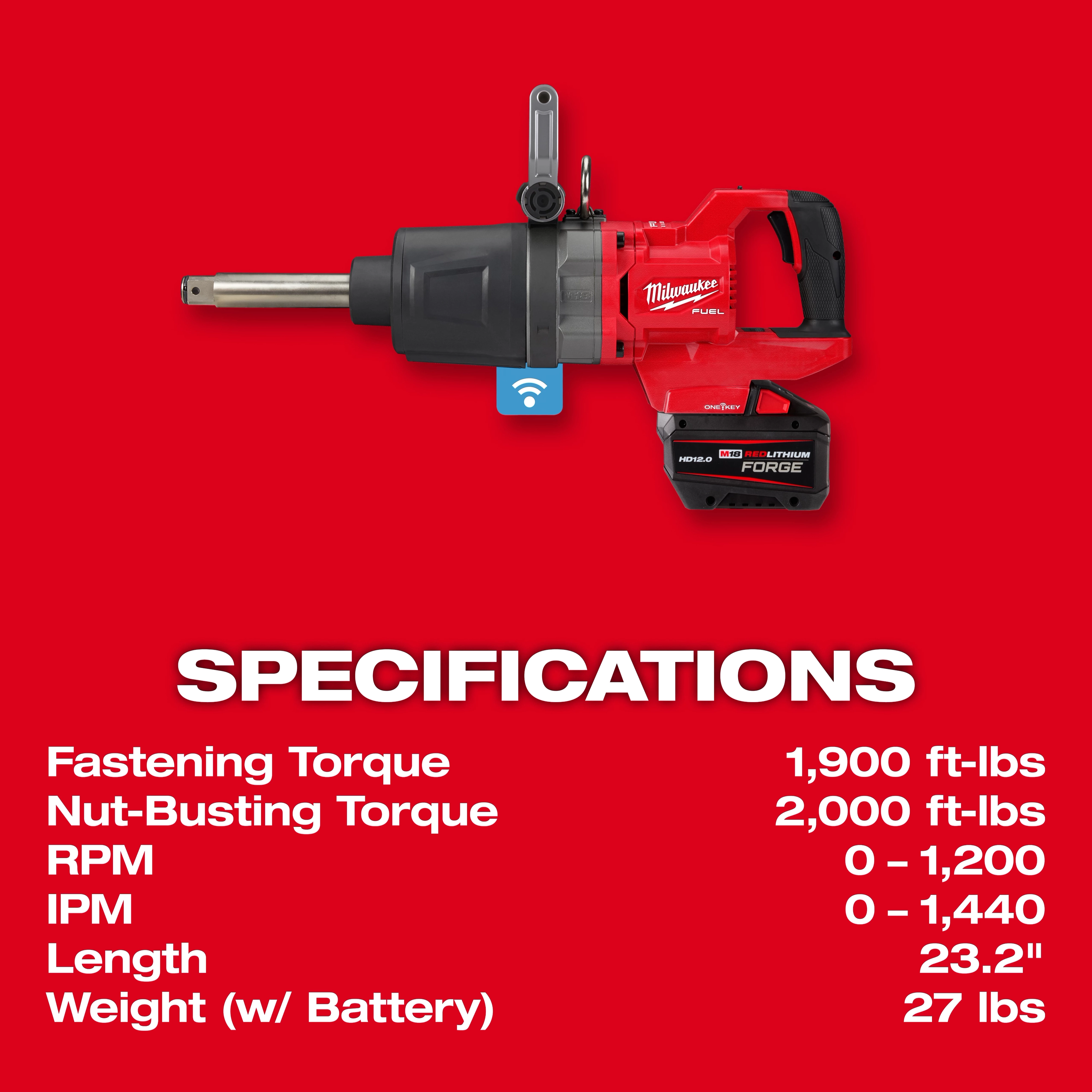 The M18 FUEL™ 1" D-Handle Ext. Anvil High Torque Impact Wrench w/ ONE-KEY™ against a red background. Specifications listed: Fastening Torque: 1,900 ft-lbs, Nut-Busting Torque: 2,000 ft-lbs, RPM: 0-1,200, IPM: 0-1,440, Length: 23.2", Weight (w/ Battery): 27 lbs.