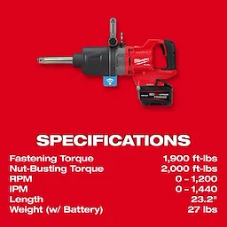 The M18 FUEL™ 1" D-Handle Ext. Anvil High Torque Impact Wrench w/ ONE-KEY™ against a red background. Specifications listed: Fastening Torque: 1,900 ft-lbs, Nut-Busting Torque: 2,000 ft-lbs, RPM: 0-1,200, IPM: 0-1,440, Length: 23.2", Weight (w/ Battery): 27 lbs.