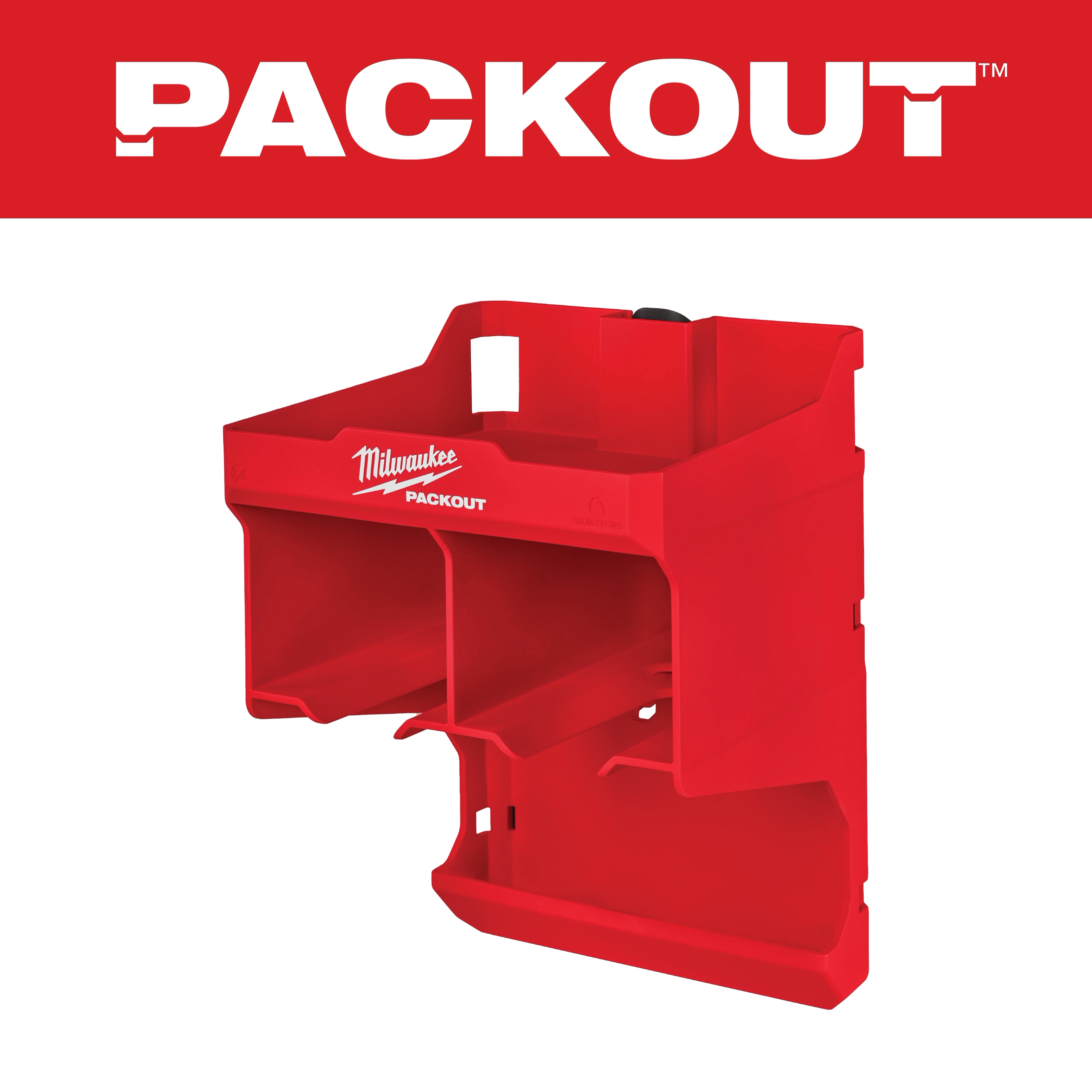 Red PACKOUT Tool Station with two slots and a pocket for organizing tools. "Milwaukee PACKOUT" text is displayed on the front.