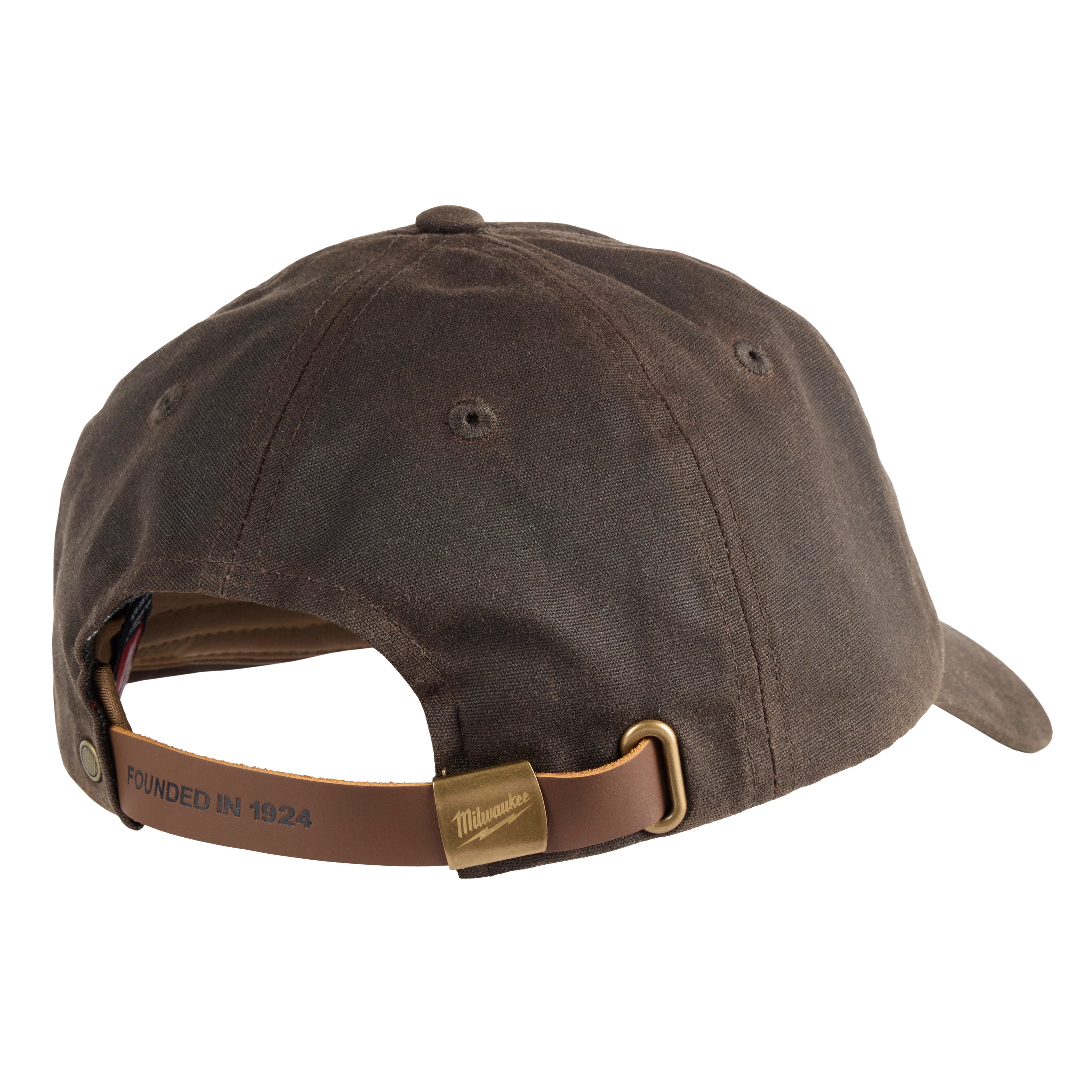 Waxed Canvas Adjustable Hat in brown with a leather strap. The strap reads "Founded in 1924" and has a brass buckle.