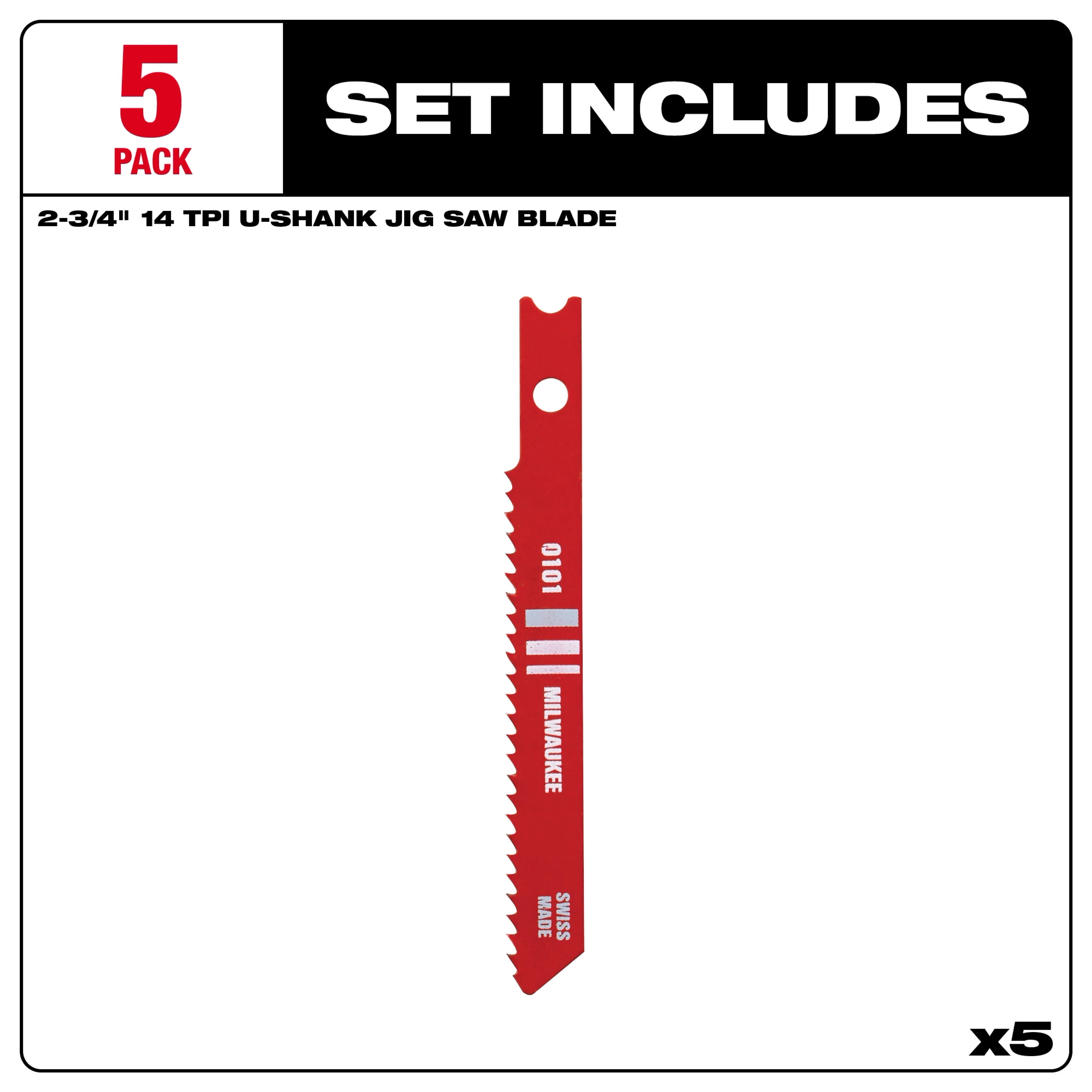 2-3/4" 14 TPI U-Shank Jig Saw Blade 5-pack with a metal high-speed steel blade shown in detail.