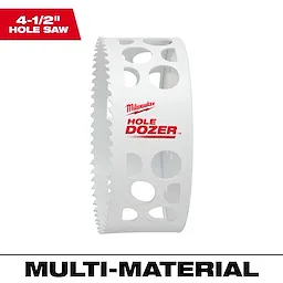 4-1/2" Hole Dozer Bi-Metal Hole Saw with white body, multiple round holes, and sharp teeth for multi-material cutting.