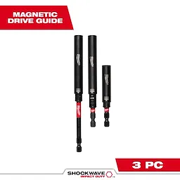 The image shows the SHOCKWAVE™ Impact Duty Magnetic Drive Guide Set - 3PC. It includes three black magnetic drive guides of varying lengths with red accents. The set is aimed for impact duty use. Text on the image reads "MAGNETIC DRIVE GUIDE" and "3 PC".