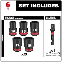 Milwaukee Shockwave Impact Duty socket set includes 3/8" drive metric sockets in sizes 10, 13, 15, 17, and 19 mm, plus a 1/4" to 3/8" socket adapter. The set comprises six pieces in total.