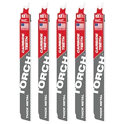 The image features five 9" 8 TPI TORCH™ with Carbide Teeth SAWZALL® Blades. Each blade is designed for thick metal cutting and has a red label indicating "Carbide Teeth" and "TORCH." The blades have American flags and brand logos at the top.