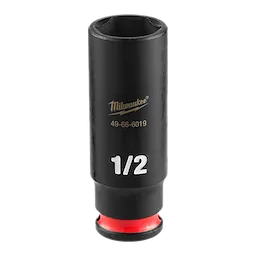 SHOCKWAVE Impact Duty 1/4" Drive 1/2" Deep Impact Socket by Milwaukee, black with white text “1/2” and red base.
