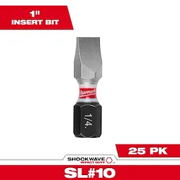The image shows a Shockwave™ Impact Slotted 1/4" Insert Bit (25PK). The bit is 1 inch long with a slotted tip and designed for impact duty. The packaging denotes 25 pieces per pack and SL#10.