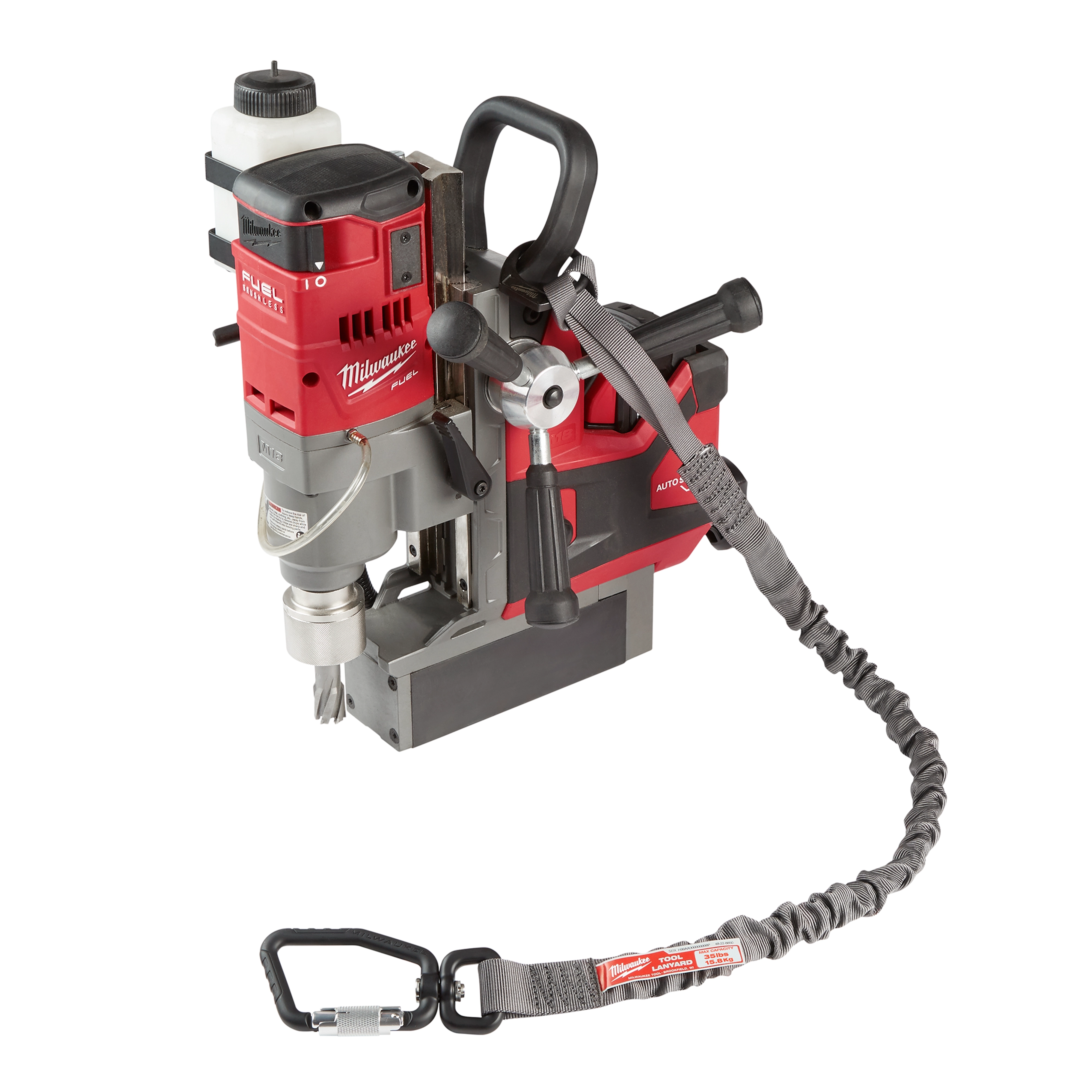 35 LB Locking Tool Lanyard attached to a red and gray power drill with a black handle and various control knobs.