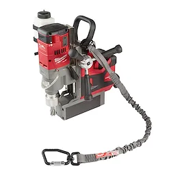 35 LB Locking Tool Lanyard attached to a red and gray power drill with a black handle and various control knobs.