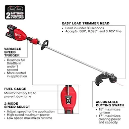 M18 FUEL 17” Dual Battery String Trimmer features two batteries, adjustable cutting swath, easy load trimmer head, variable speed trigger, and fuel gauge.
