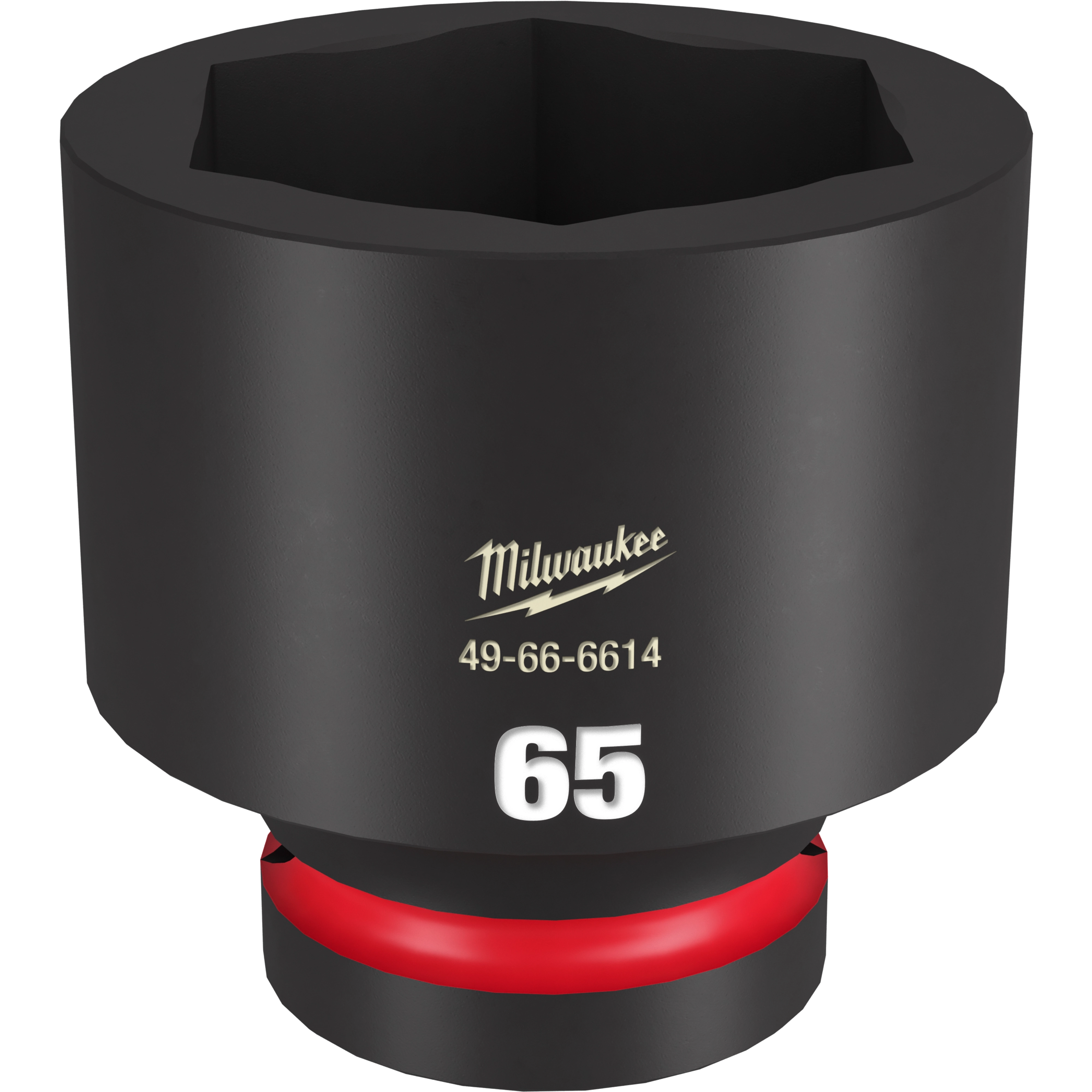 A black 1%22%20DR%2065MM%20STD%20IMPACT%20SOCKET labeled with "Milwaukee 49-66-6614" and a bold white number "65" on the front. The socket features a red ring near the base.