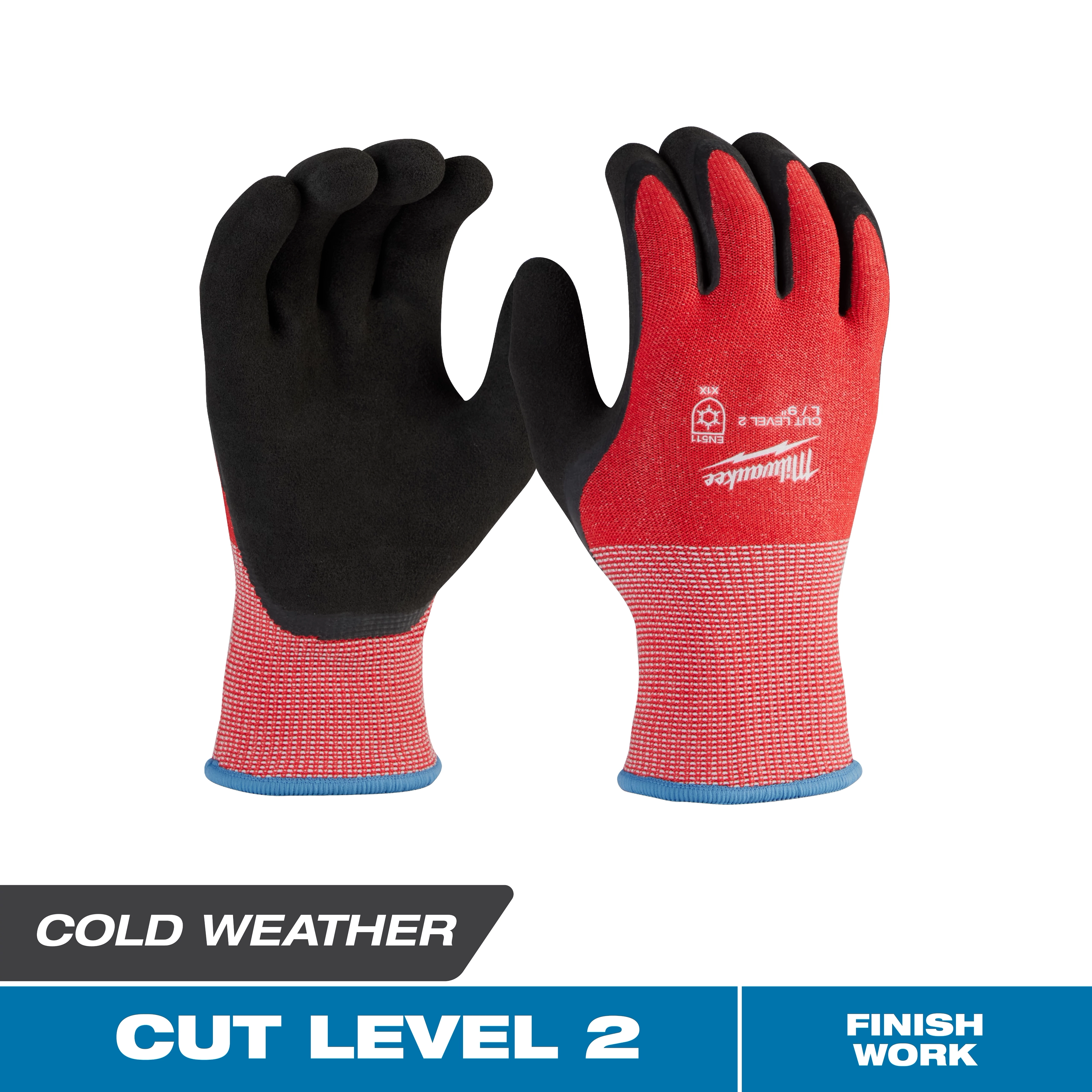 Cut Level 2 Winter Dipped Gloves displayed upright with text labels for cold weather and finish work.