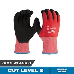 Cut Level 2 Winter Dipped Gloves displayed upright with text labels for cold weather and finish work.