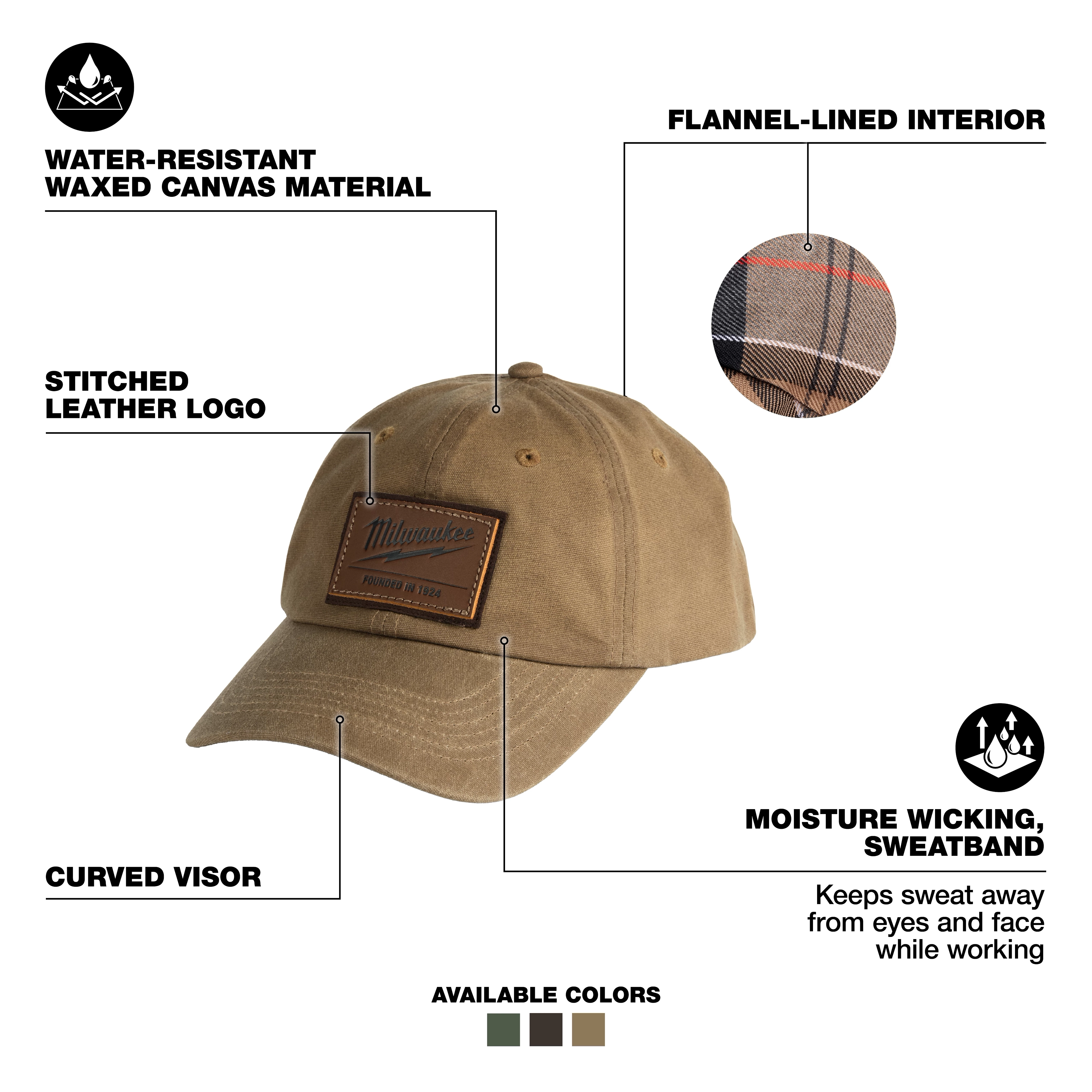 Waxed Canvas Adjustable Hat - Khaki features water-resistant material, stitched leather logo, flannel-lined interior, and moisture-wicking sweatband.