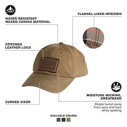 Waxed Canvas Adjustable Hat - Khaki features water-resistant material, stitched leather logo, flannel-lined interior, and moisture-wicking sweatband.