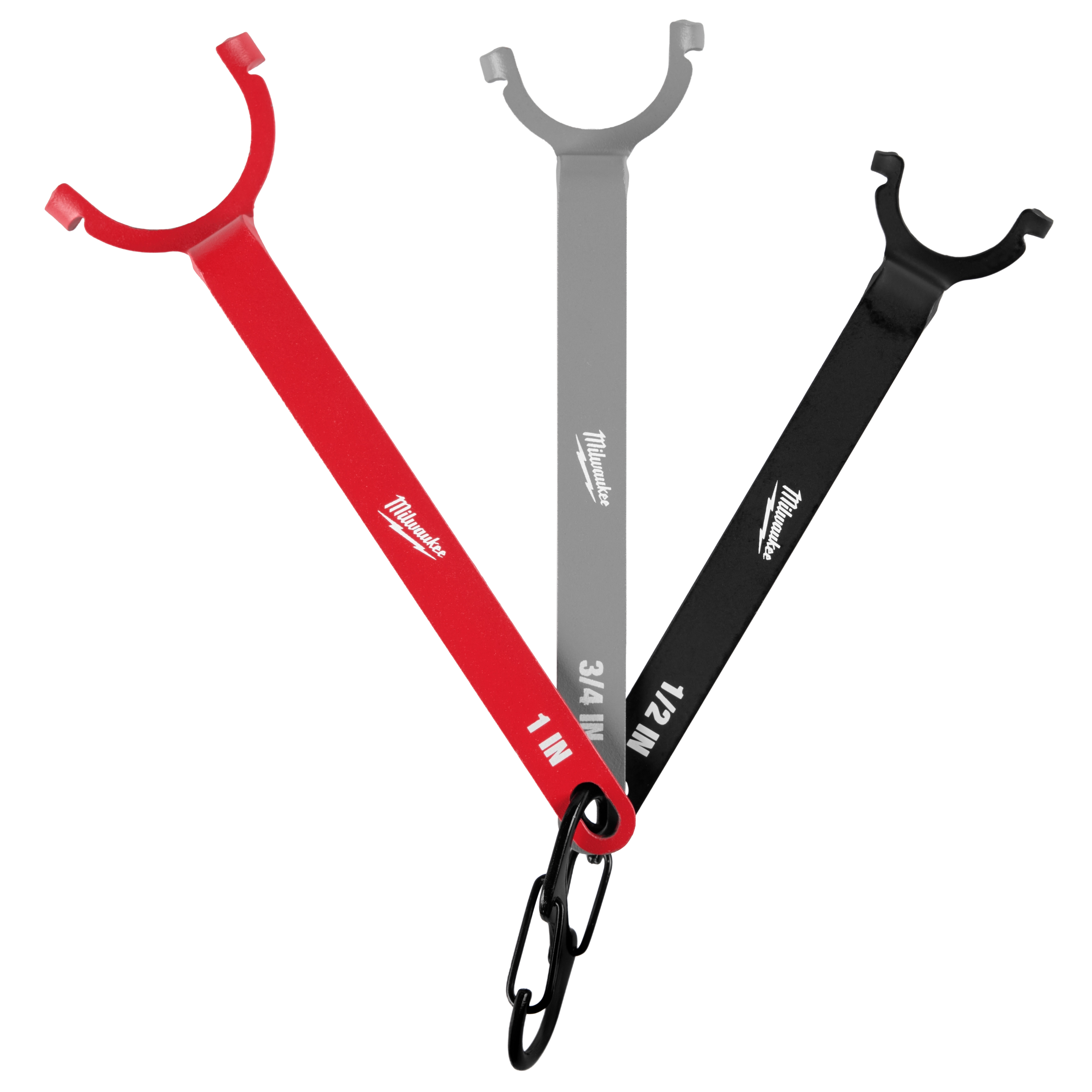 Milwaukee Cheater Adaptable Pipe Wrench Set includes three wrenches in red, gray, and black for different pipe sizes: 1 inch, 3/4 inch, and 1/2 inch. Each wrench head is open-ended and has an ergonomic design. They are connected by a black chain.