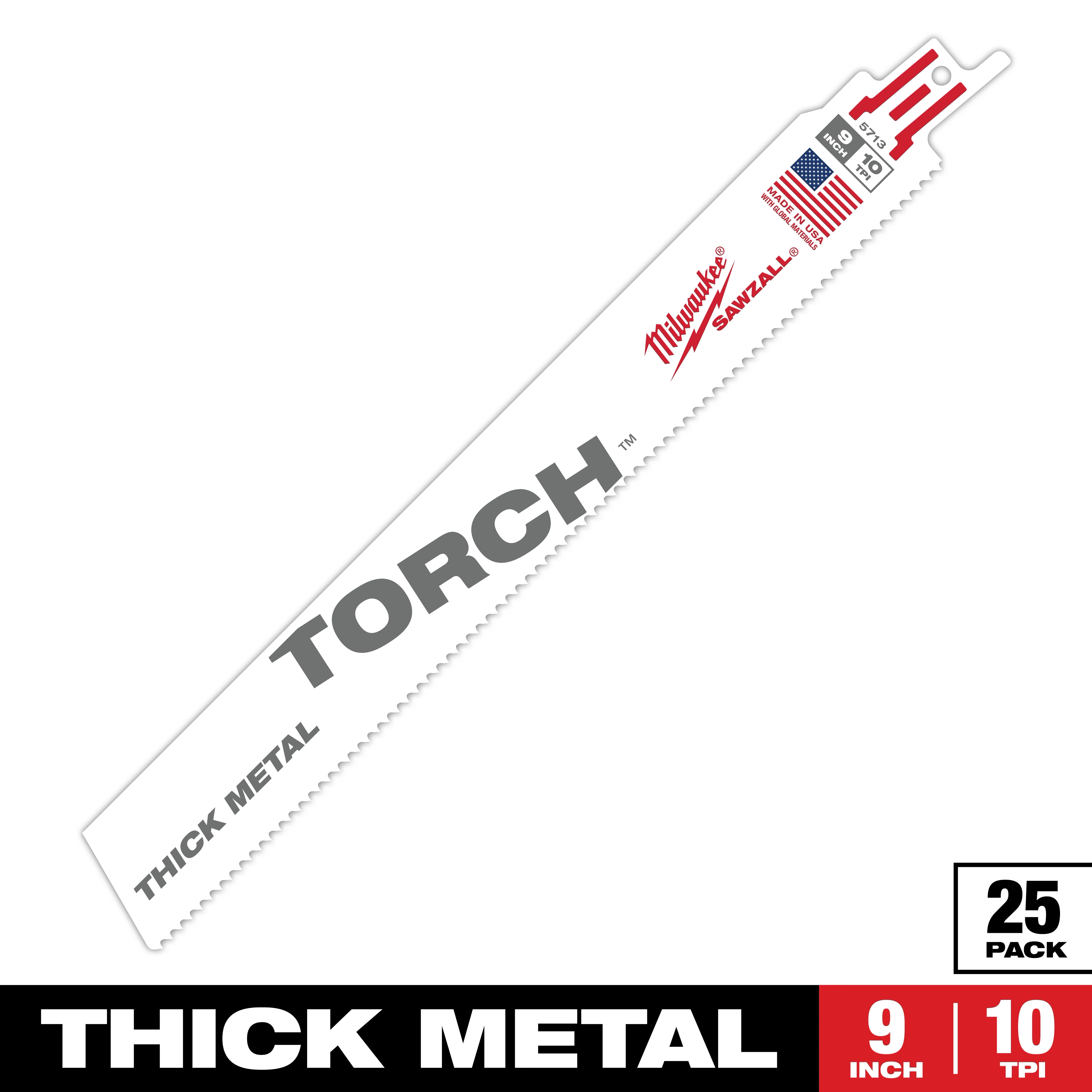 The Sawzall Bi-Metal Carbide blade for thick metal features 10 TPI and measures 9 inches in length. The blade is displayed at an angle with Milwaukee branding and American flag elements. Comes in a pack of 25.