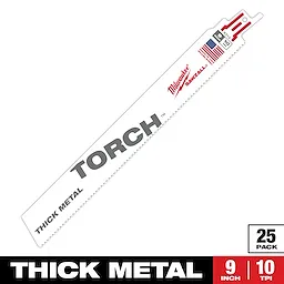 The Sawzall Bi-Metal Carbide blade for thick metal features 10 TPI and measures 9 inches in length. The blade is displayed at an angle with Milwaukee branding and American flag elements. Comes in a pack of 25.