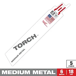 Sawzall Bi-Metal Carbide Primary Images features a white 6-inch blade labeled "Torch" for medium metal cutting with 18 TPI. The blade showcases American manufacturing with a USA flag graphic. It is sold in a pack of five.