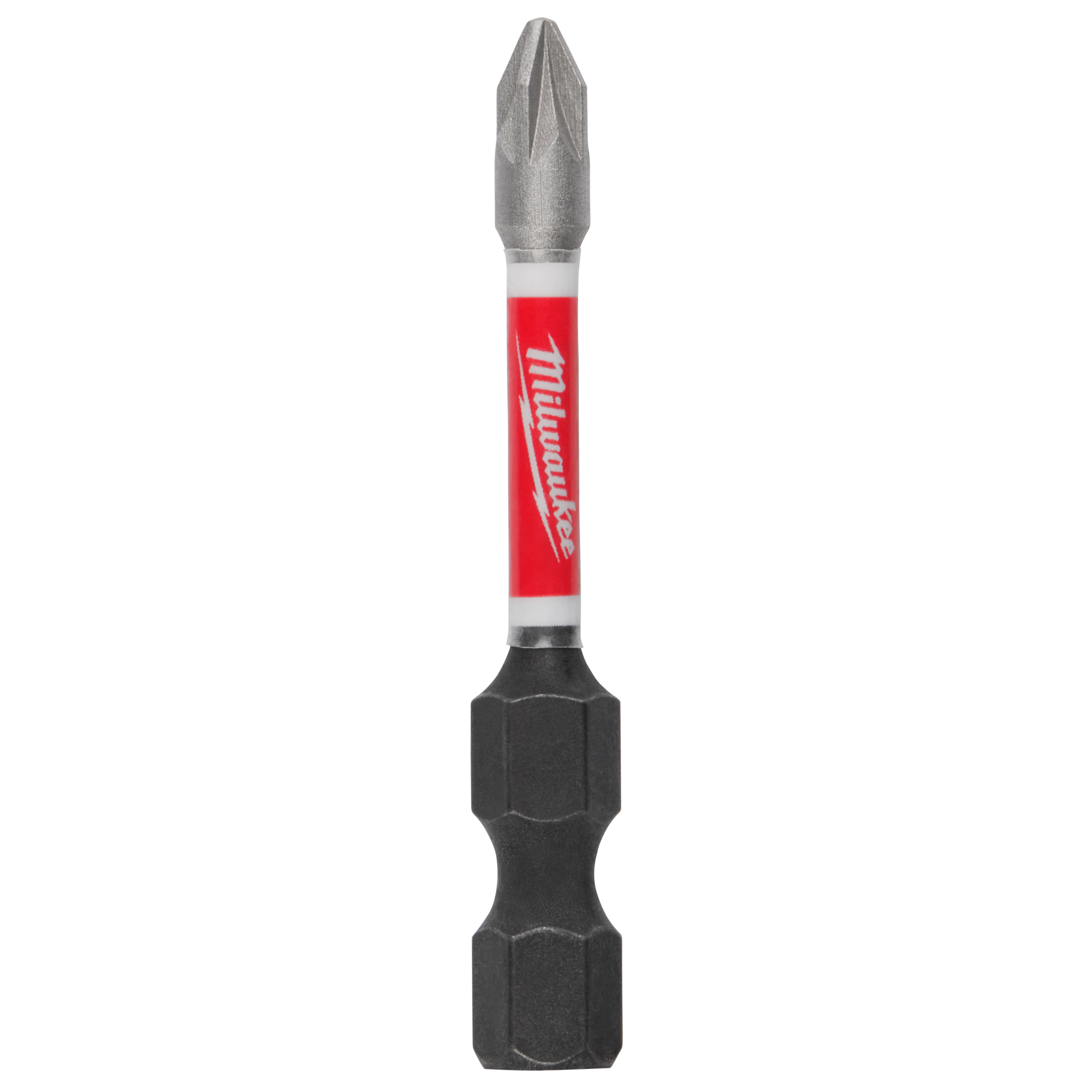 Image of a SHOCKWAVE™ 2" Impact Duty Pozidriv #1 Power Bit made by Milwaukee. It features a metal tip, a red and white section with the Milwaukee logo, and a black, textured grip.