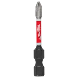 Image of a SHOCKWAVE™ 2" Impact Duty Pozidriv #1 Power Bit made by Milwaukee. It features a metal tip, a red and white section with the Milwaukee logo, and a black, textured grip.