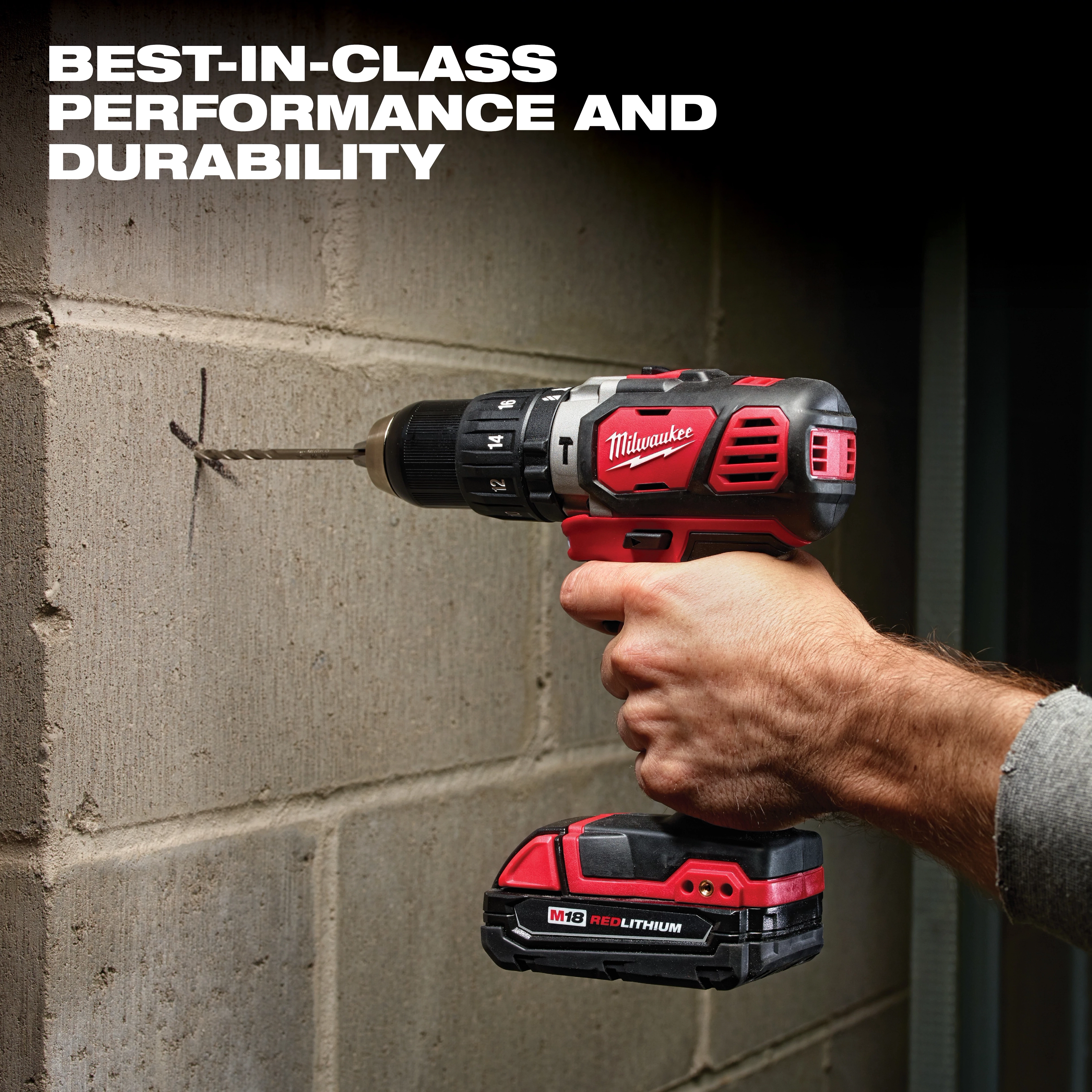 A person is using the M18 Cordless LITHIUM-ION 4-Tool Combo Kit drill to drill into a concrete wall. The drill is red and black with the text "BEST-IN-CLASS PERFORMANCE AND DURABILITY" above it.